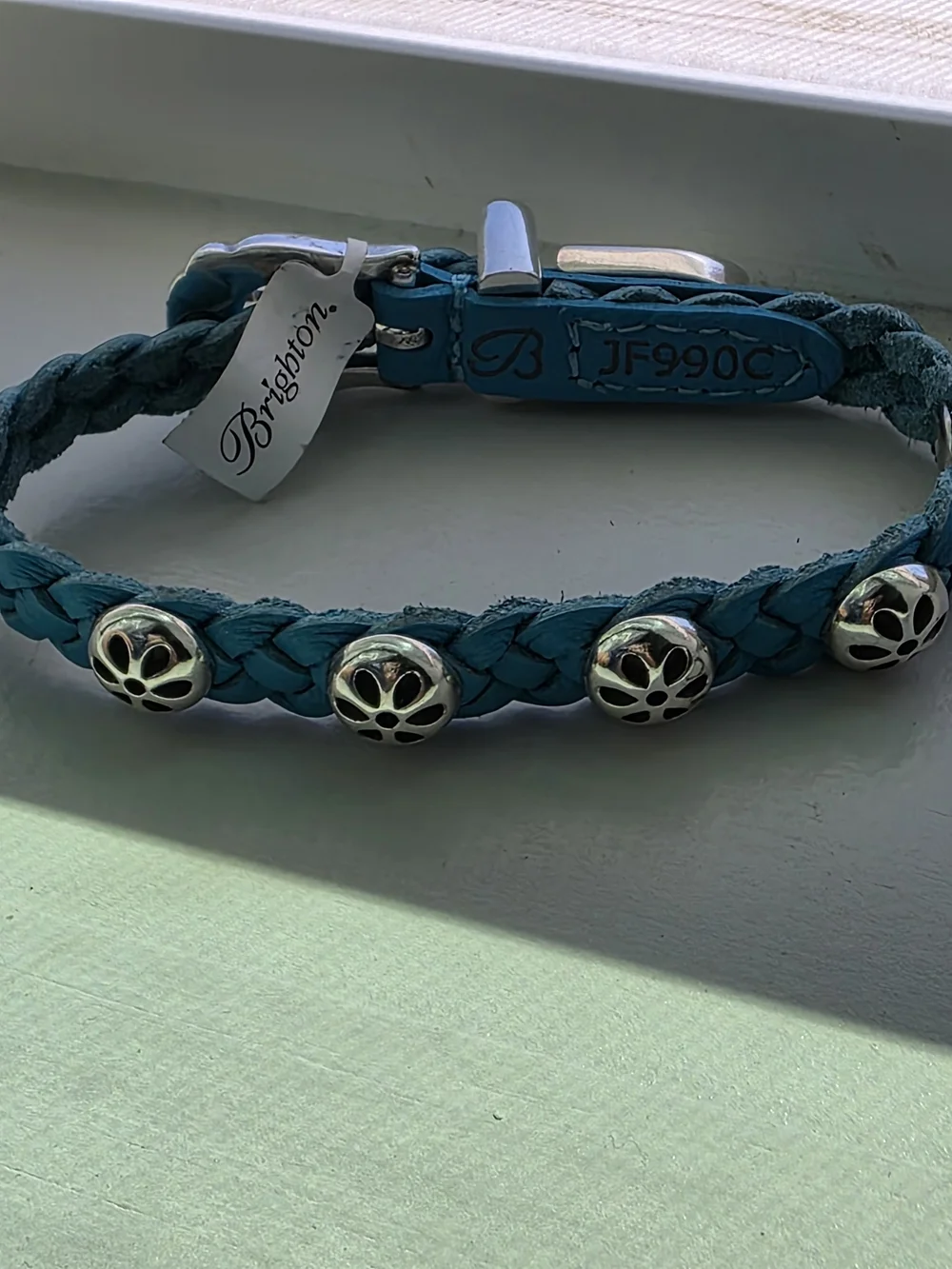 Brighton Jewelry DAISY BANDIT Teal Braided Leather Bracelet BELT BUCKLE NEW$52